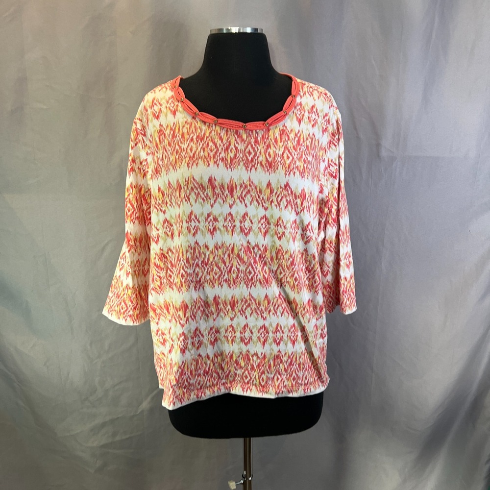 Alfred Dunner Tunic Blouse Women XL Multicolor Stretch Geometric Round Neck
